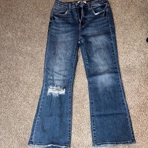 Blue Flare Wide Leg Jeans with Distressed Detail